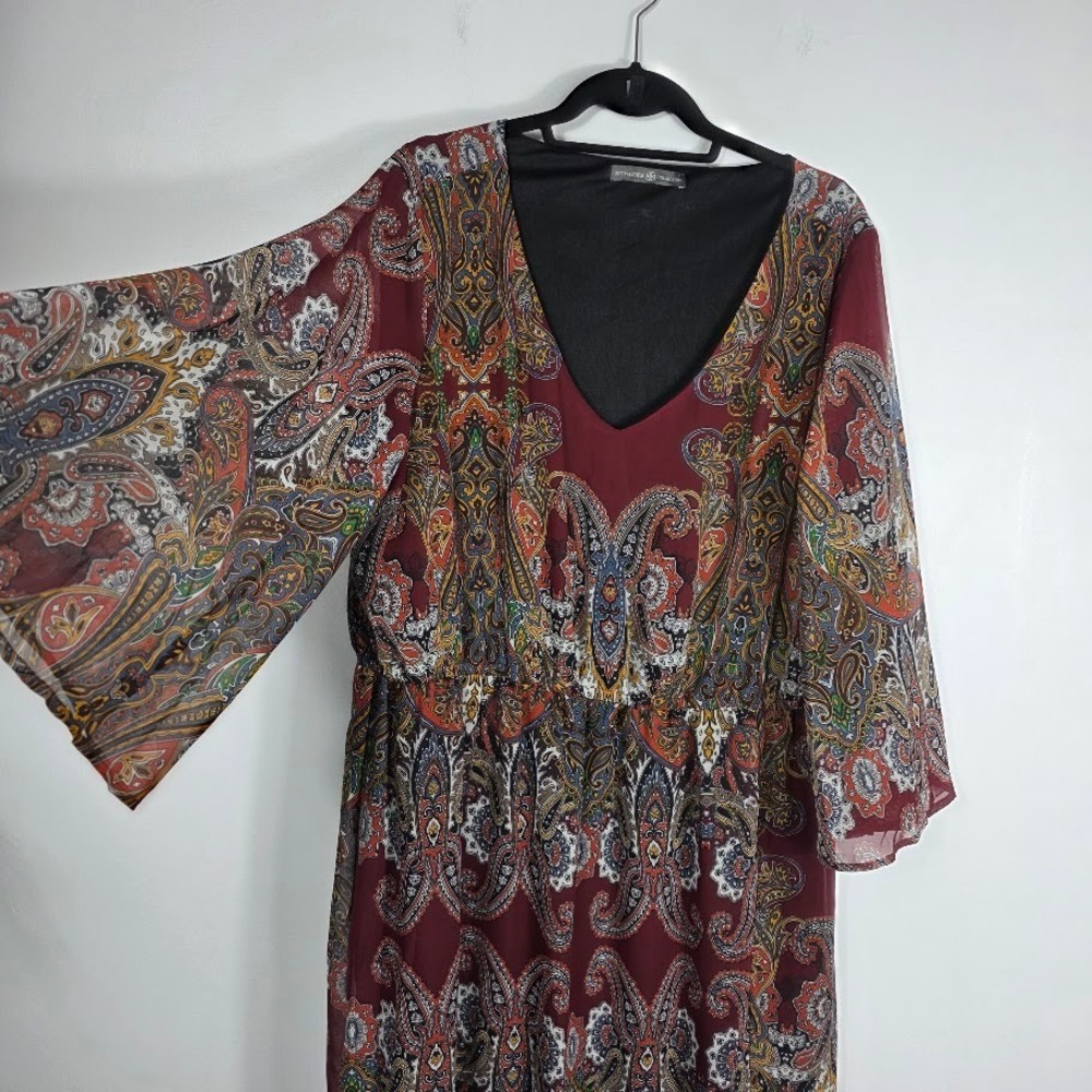 Signature Collection Women Burgundy Paisley Bell Sleeve‎ Maxi Dress Plus Size